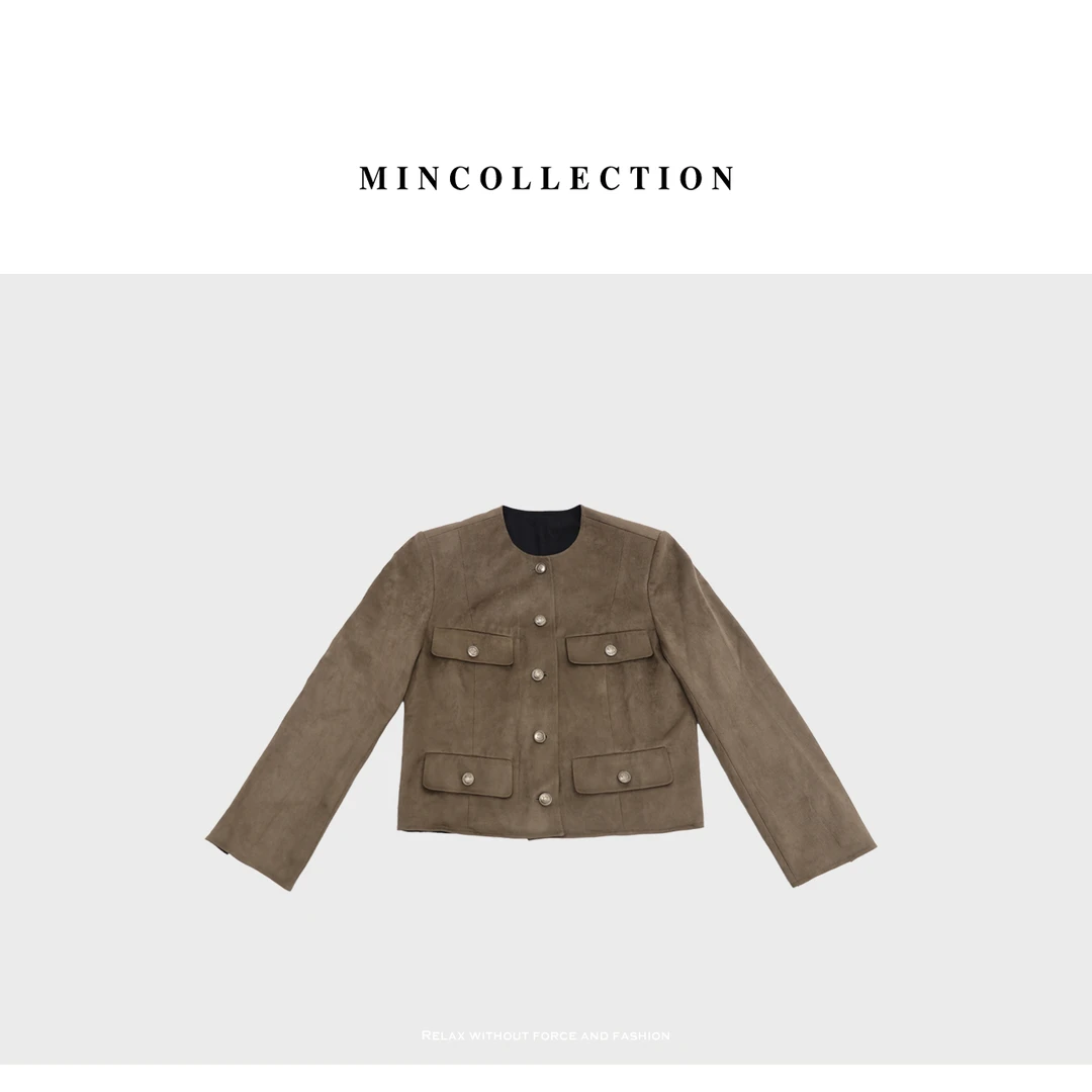 绒面小香外套/早秋绒面小香风金属扣圆领外套