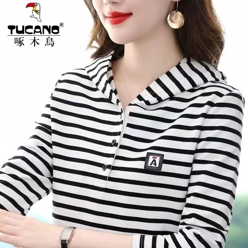 啄木鸟正品纯棉长袖T恤女2025新款条纹上衣春秋季中年妈妈连帽衫