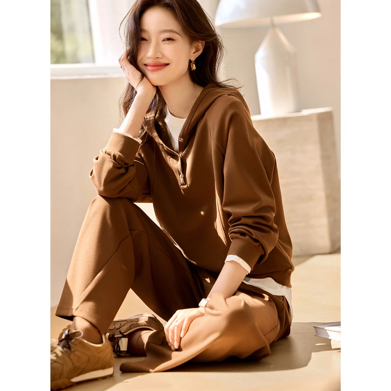 沫晗依美【灰巧波波】2025秋季新款时尚百搭女套装休闲连帽卫衣4445