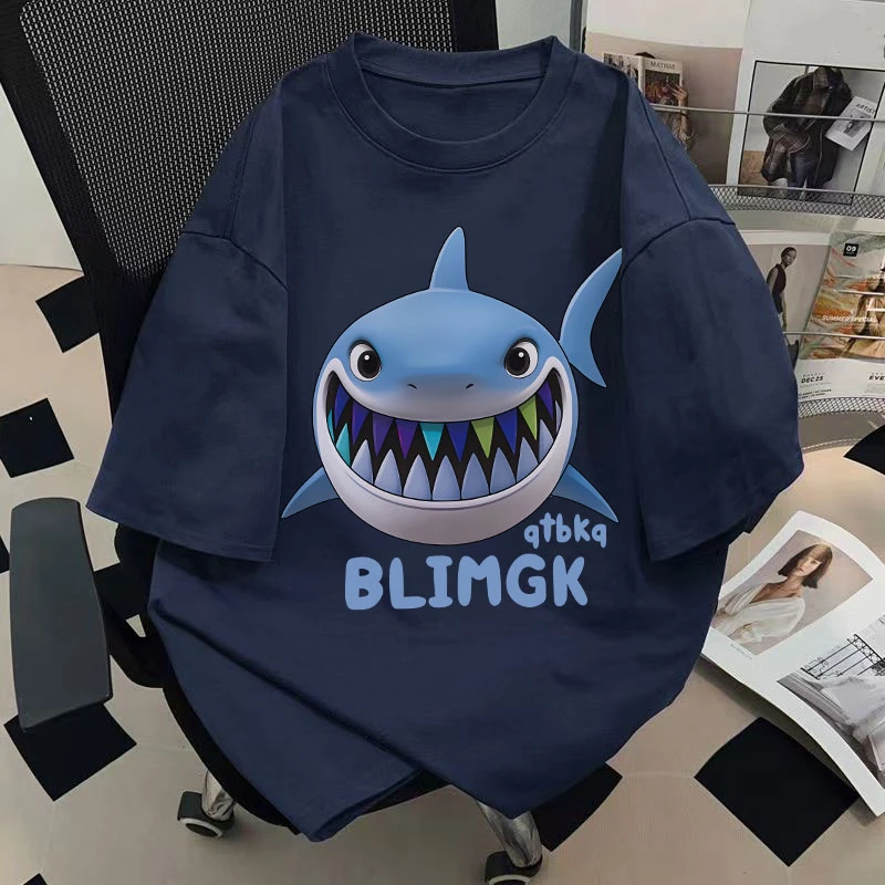 夏季新款男女童短袖T恤纯棉潮牌卡通鲨鱼印花中大童宽松韩版上衣