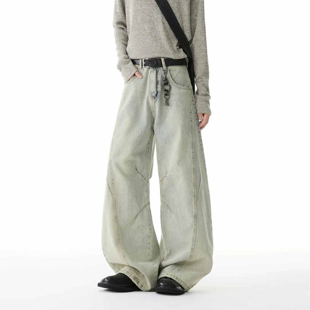 美式复古潮牌牛仔裤男生高级感男装拼接设计阔腿裤显高显瘦弯刀裤