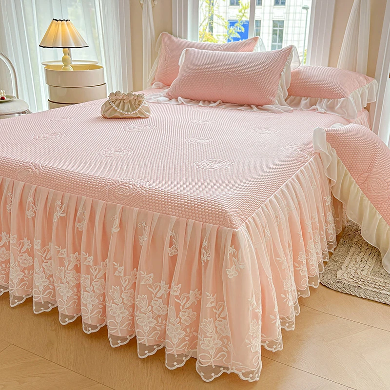 公主风冰丝凉席三件套床裙款夏季单件可机洗蕾丝花边床罩空调席