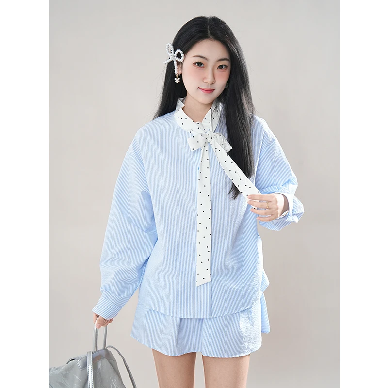 蓝韵悠然 韩系休闲蓝色条纹长袖T恤拼接波点领口蝴蝶结设计感套装
