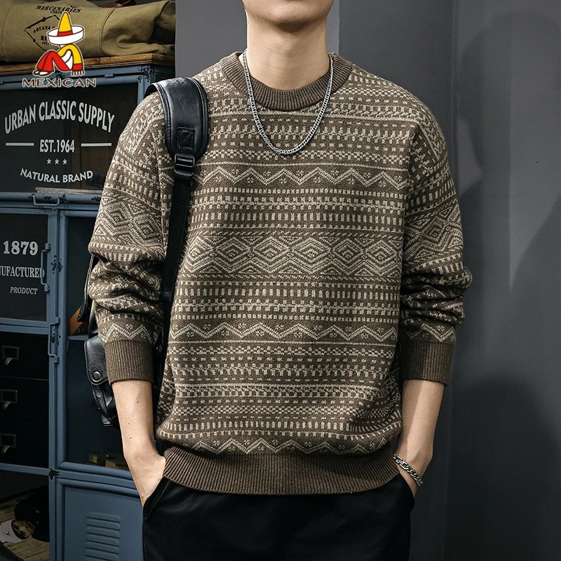 Mexican/稻草人美式复古提花毛衣男款春季宽松高级感百搭针织衫潮