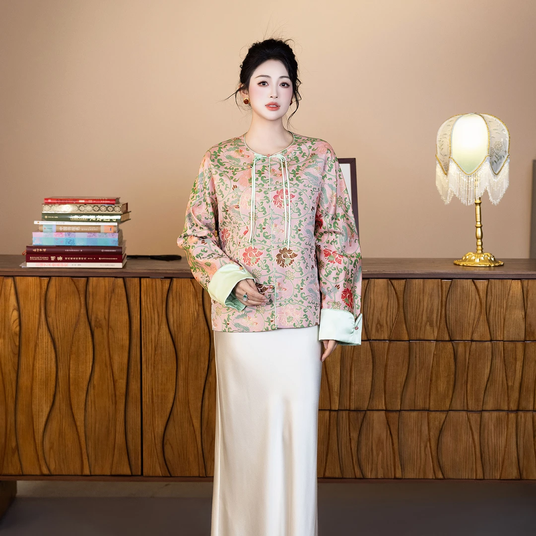 华裳格新中式鸳鸯卷草圆领盘扣荷叶襟织金正品宋锦外套HS418