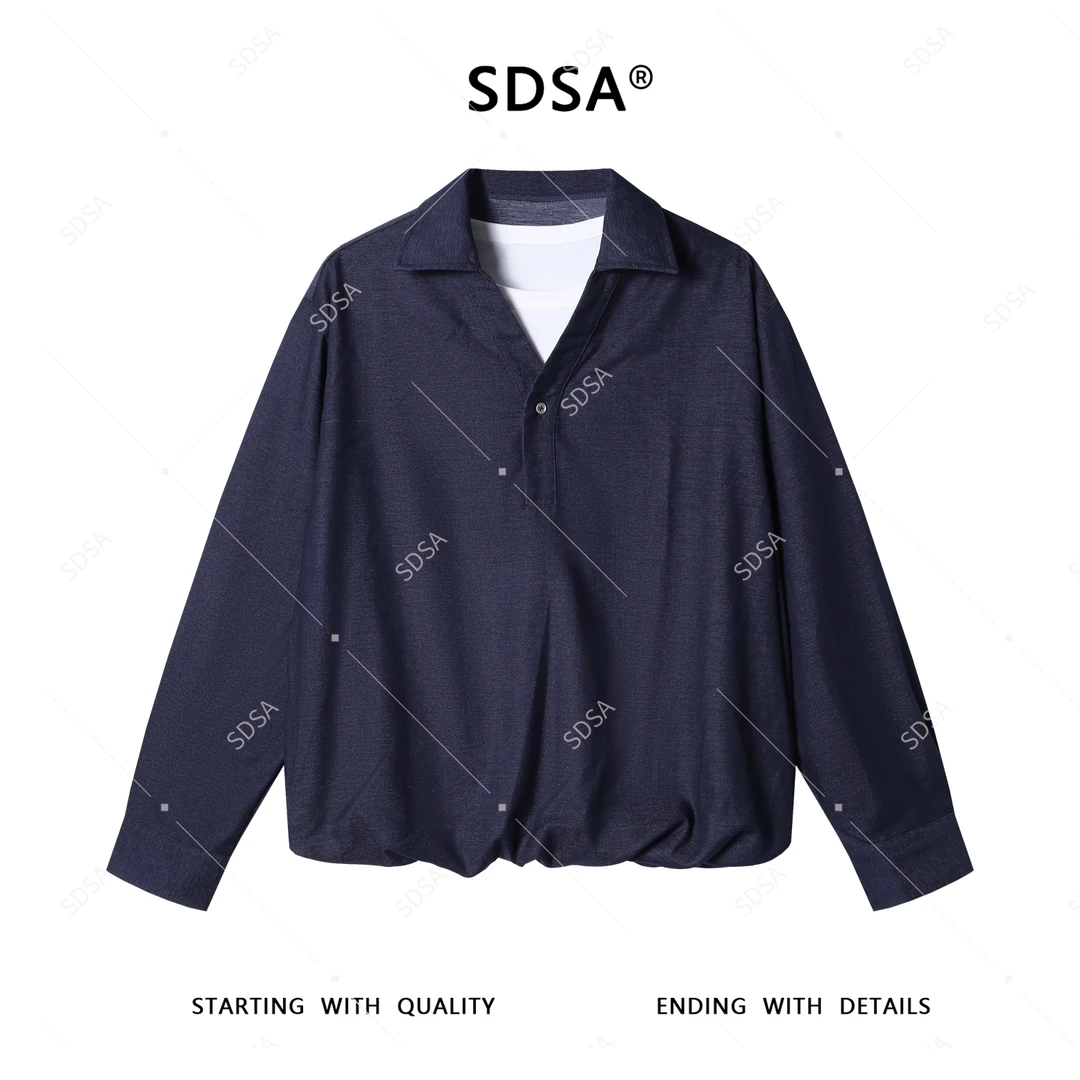 SDSA男士2025新款轻奢痞帅男装撞色下摆松紧假两件翻领T恤百搭潮