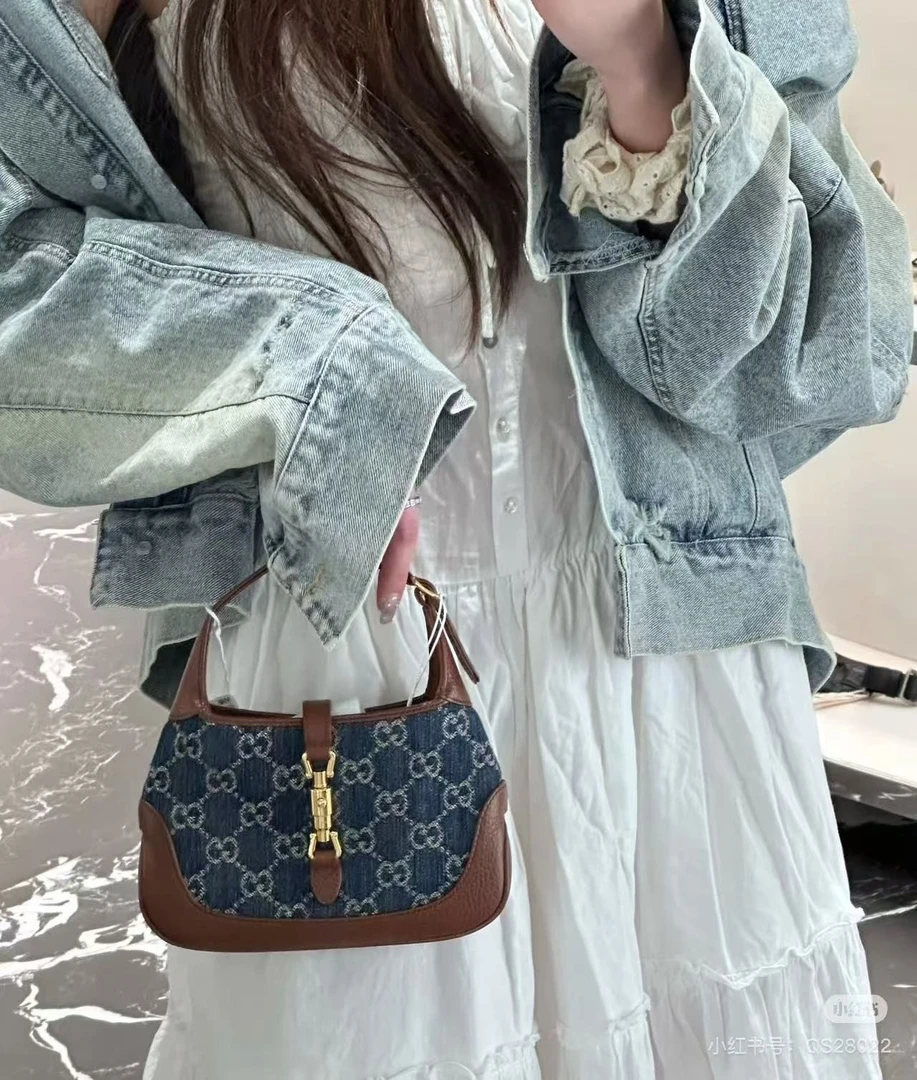 95新 GUCCI/古驰 CD jackie1961mini蓝金丹宁单肩包/38813614