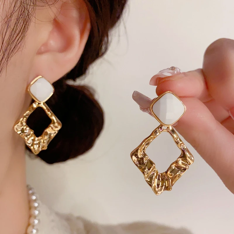 铜合金亚克力耳饰 欧美个性时尚复古金属几何菱形耳坠气质简约