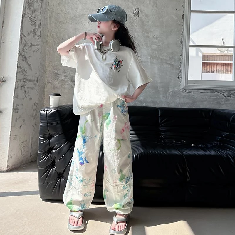 女童夏装休闲套装2025新款儿童洋气短袖T恤扎染长裤两件套中大童