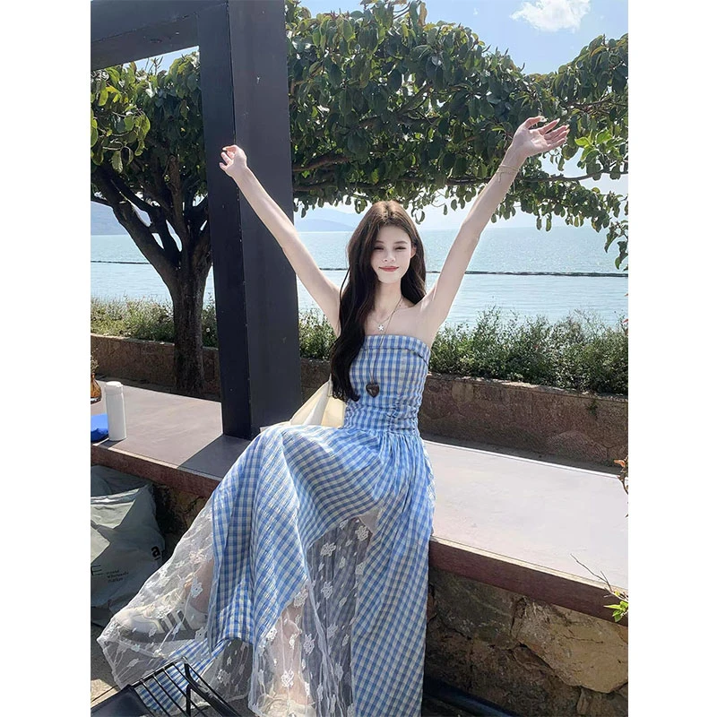 Liberty clothes 蓝白格子蕾丝拼接抹胸连衣裙女夏季收腰大摆长裙