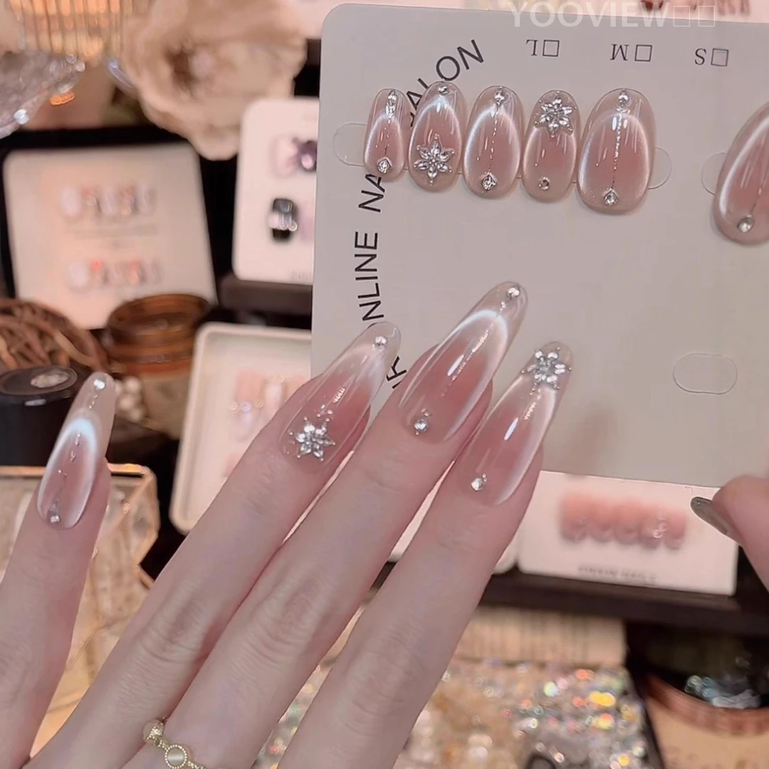 猫眼美甲工穿戴甲纯欲猫眼雪花锆石爆闪高级纯手作美甲10片