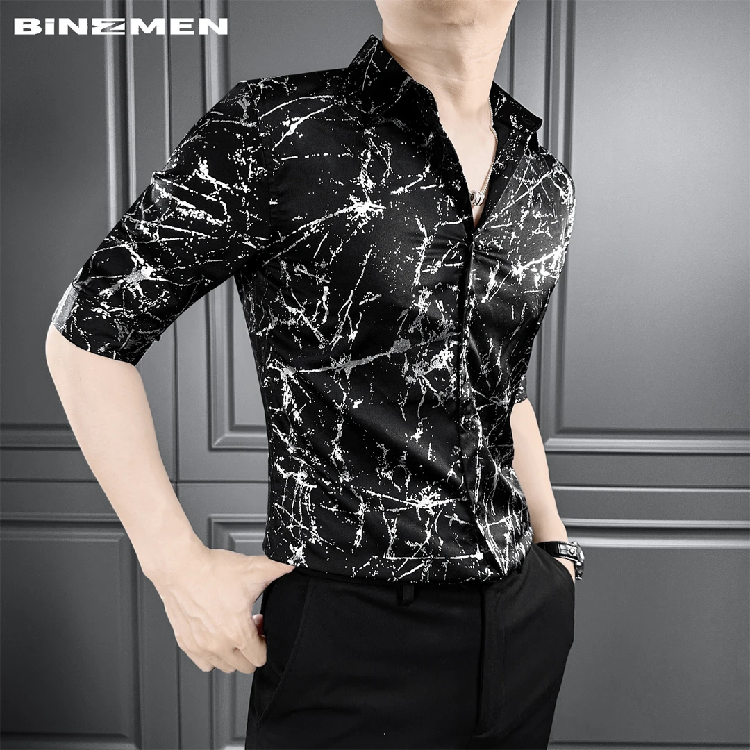 亮银纹花衬衫男款斯文败类风格男装2025年帅气潮牌男士七分袖衬衣