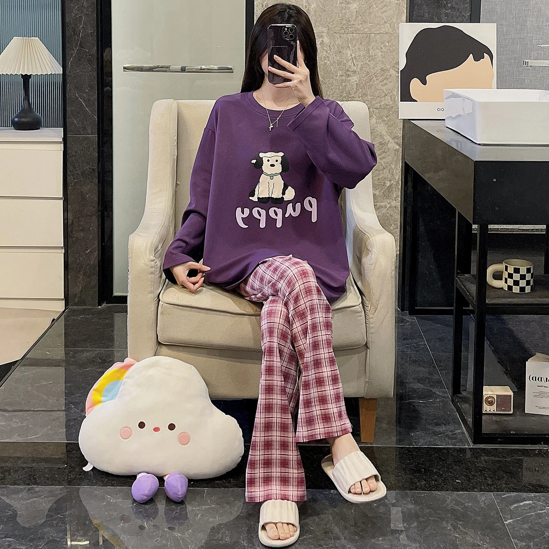 睡衣女春秋季长袖大码纯棉2025年新款可外穿舒适紫格狗家居服套装
