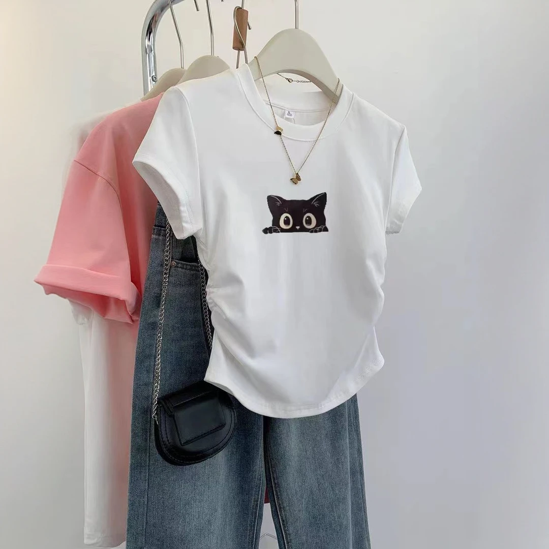 印花t恤女款时尚百搭夏季修身休闲圆领女上衣正肩T恤小众短款简约