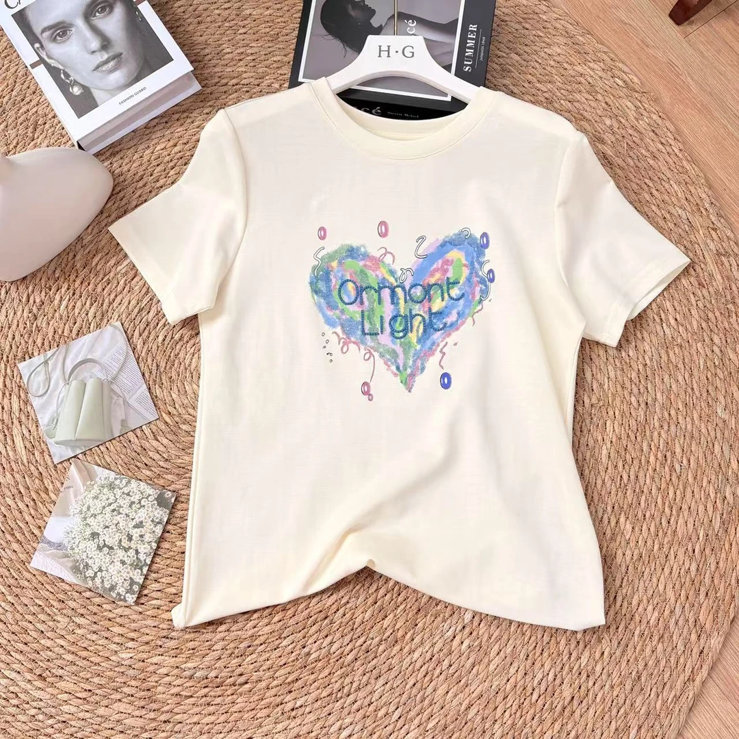 【潮流爱心】刺绣字母彩色印花高品质夏季短袖T恤女 苋 18346(0356)