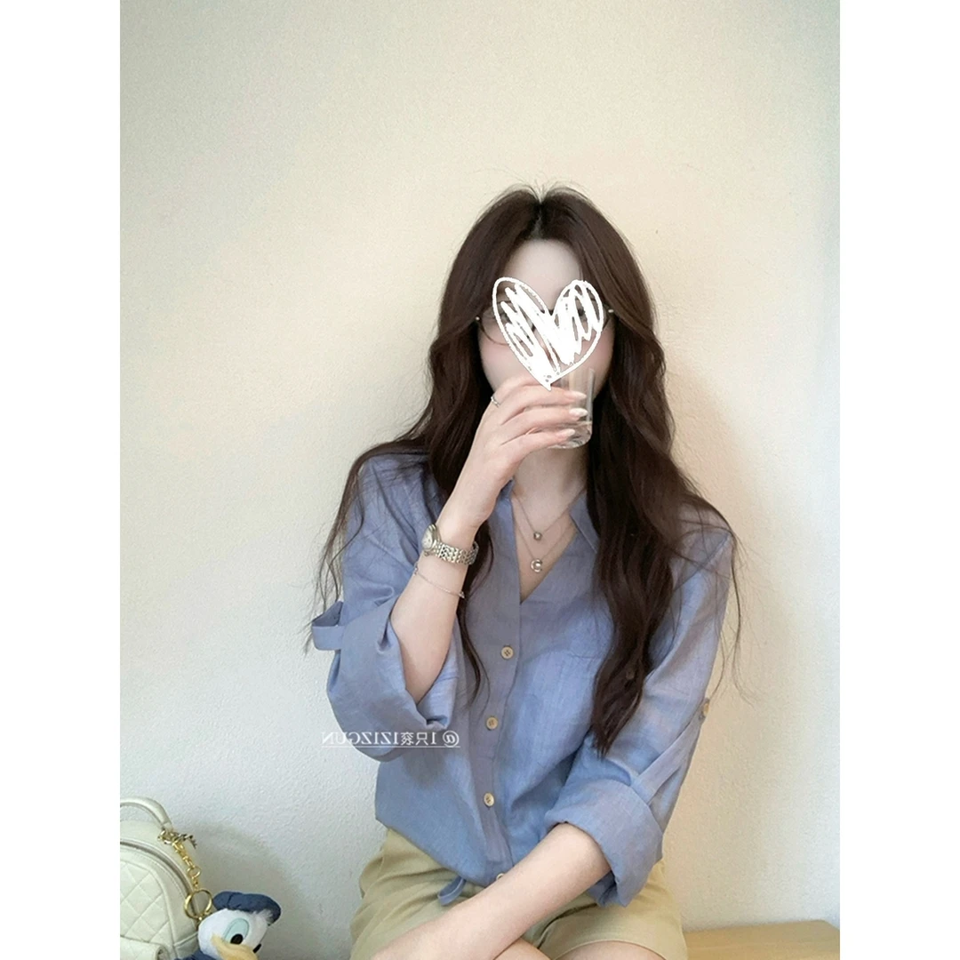 天丝亚麻防晒衬衫女夏2025新款休闲宽松百搭下摆抽绳设计短款衬衣