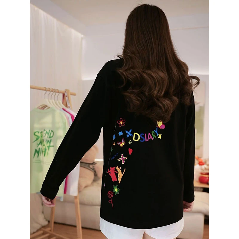 阿颖日记【851】重磅纯棉长袖T恤女春秋宽松内搭侧面印花打底衫上衣