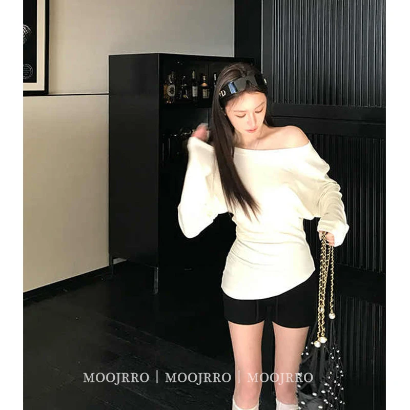 韩系松弛感斜肩长袖T恤女春设计感小众慵懒风宽松显瘦不规则上衣