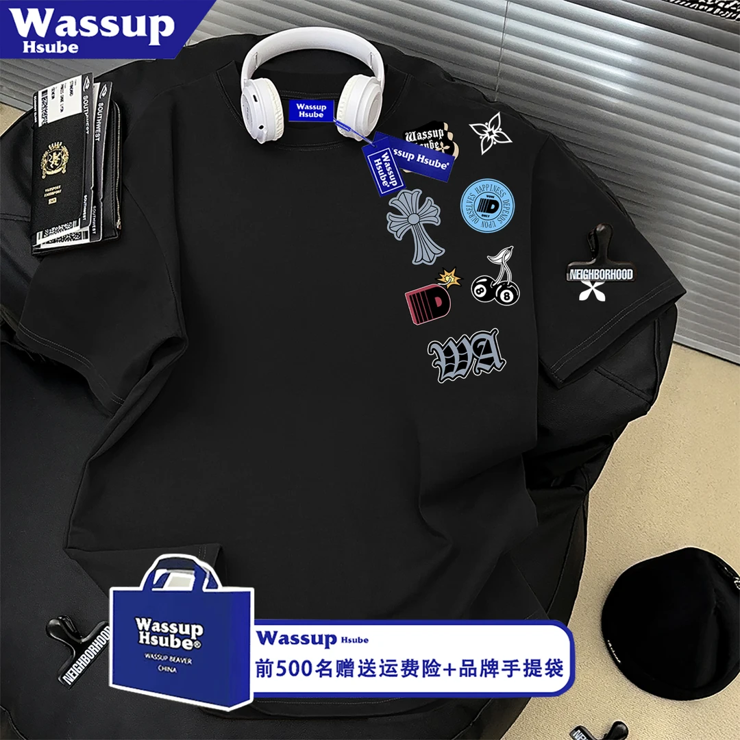WASSUP HSUBE美式设计感纯棉短袖T恤男女时尚潮牌印花圆领上衣服