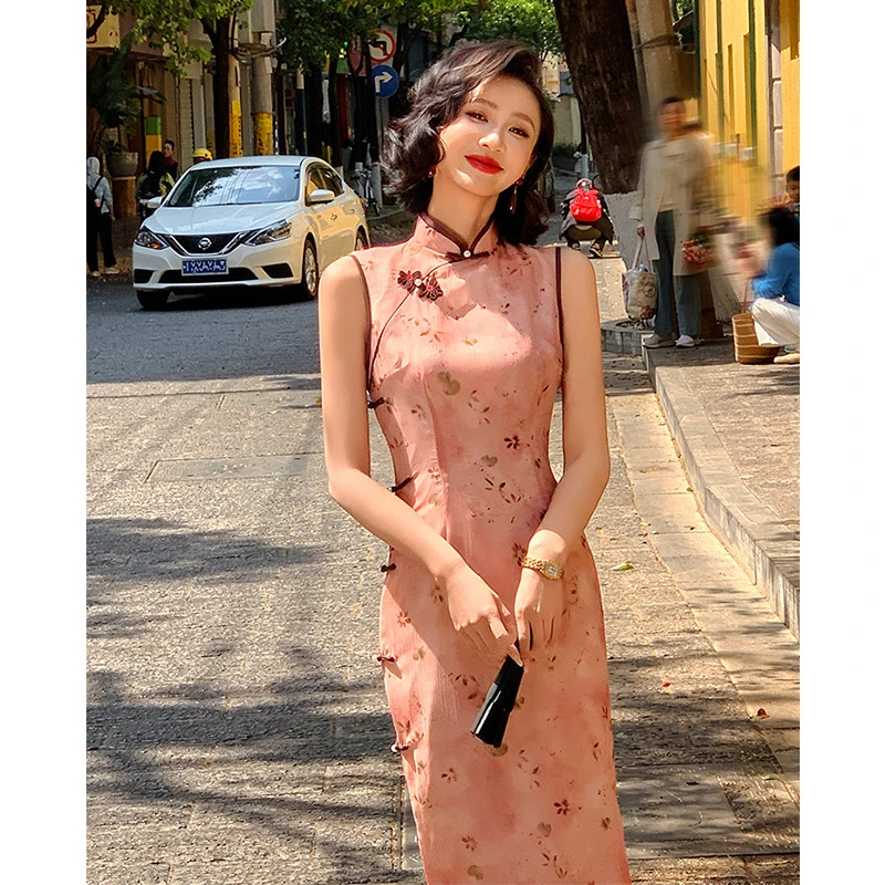 2025夏季新款粉色无袖旗袍女新中式改良平时可穿连衣裙年轻款少女