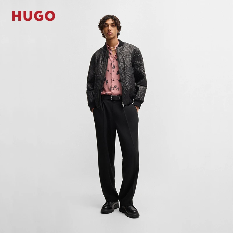 HUGO雨果男士2025春季新款潮流蛛网和班丹纳印花皮革夹克50530821