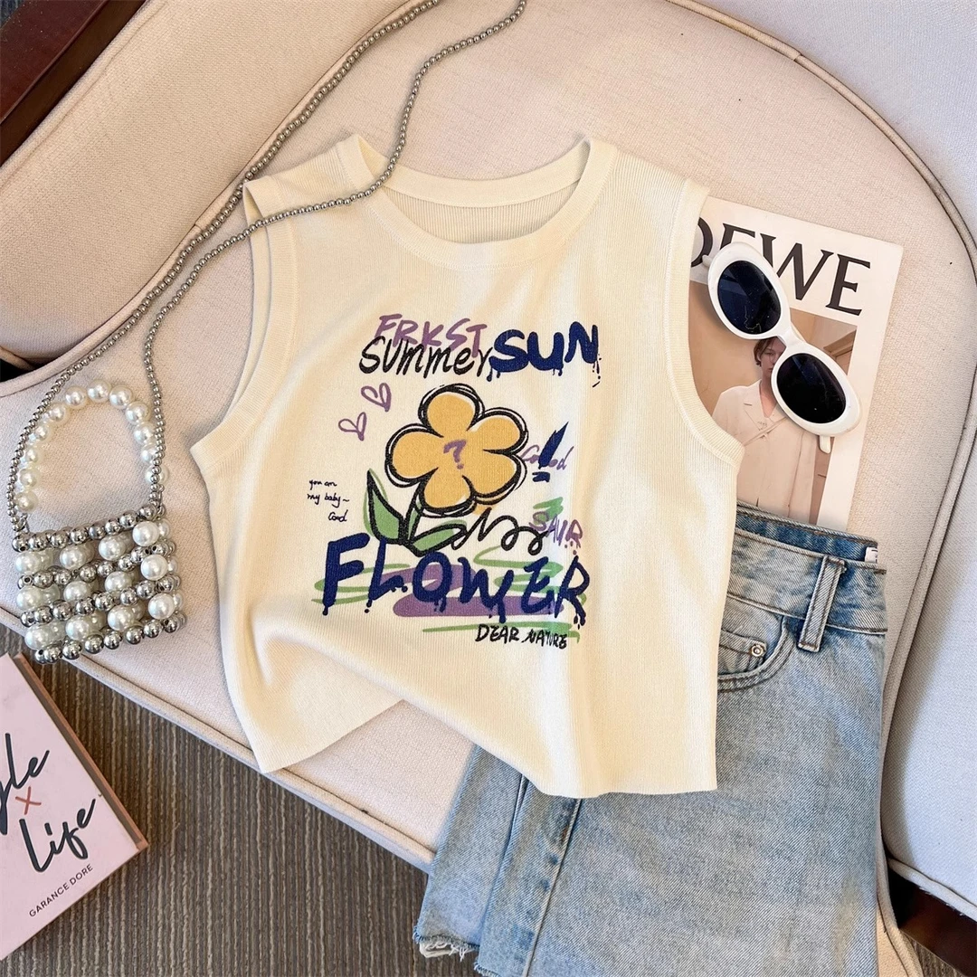 夏日多巴胺印花无袖背心女夏外穿内搭设计感小众针织修身显瘦上衣