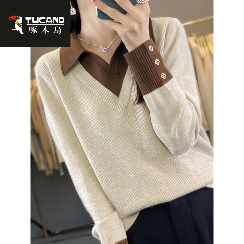 啄木鸟微胖mm秋冬大码衬衫领毛衣女遮肚子显瘦假两件上衣内搭针织