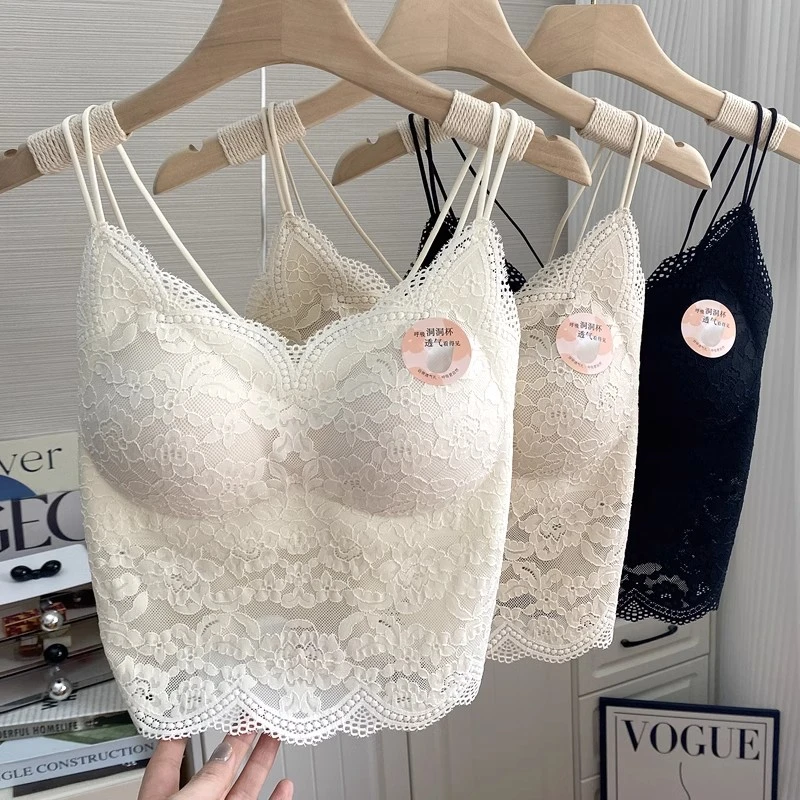 性感蕾丝带胸垫女内搭交叉带无钢圈薄款挂脖打底美背内衣吊带