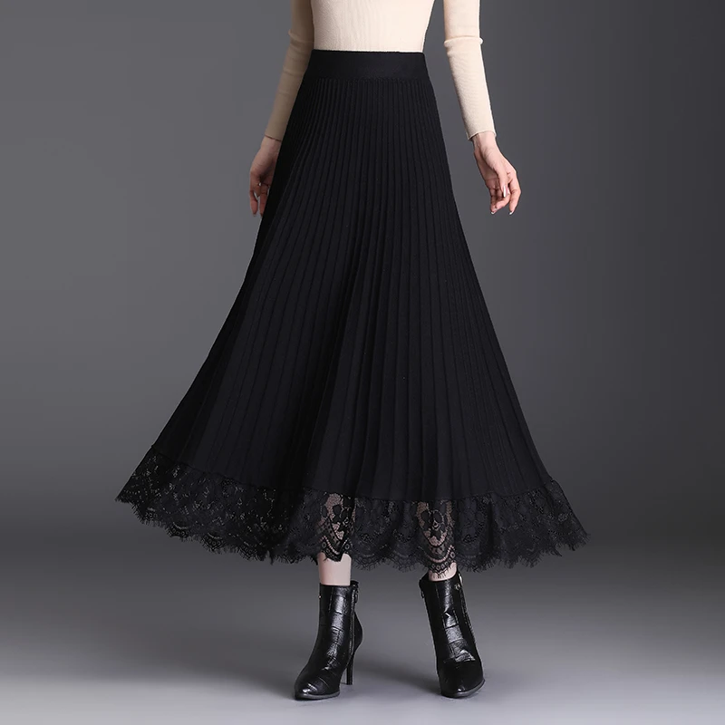 秋冬黑色大摆裙中长款半身裙时尚拼接蕾丝A字裙高腰显瘦毛线裙
