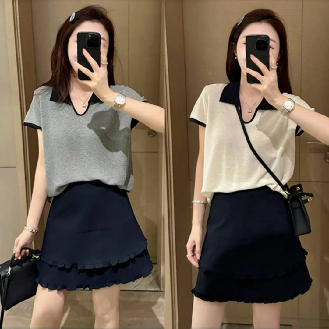 【轻氧假日】小飞袖撞色针织小衫双层木耳边A字裙半身裙显瘦套装女