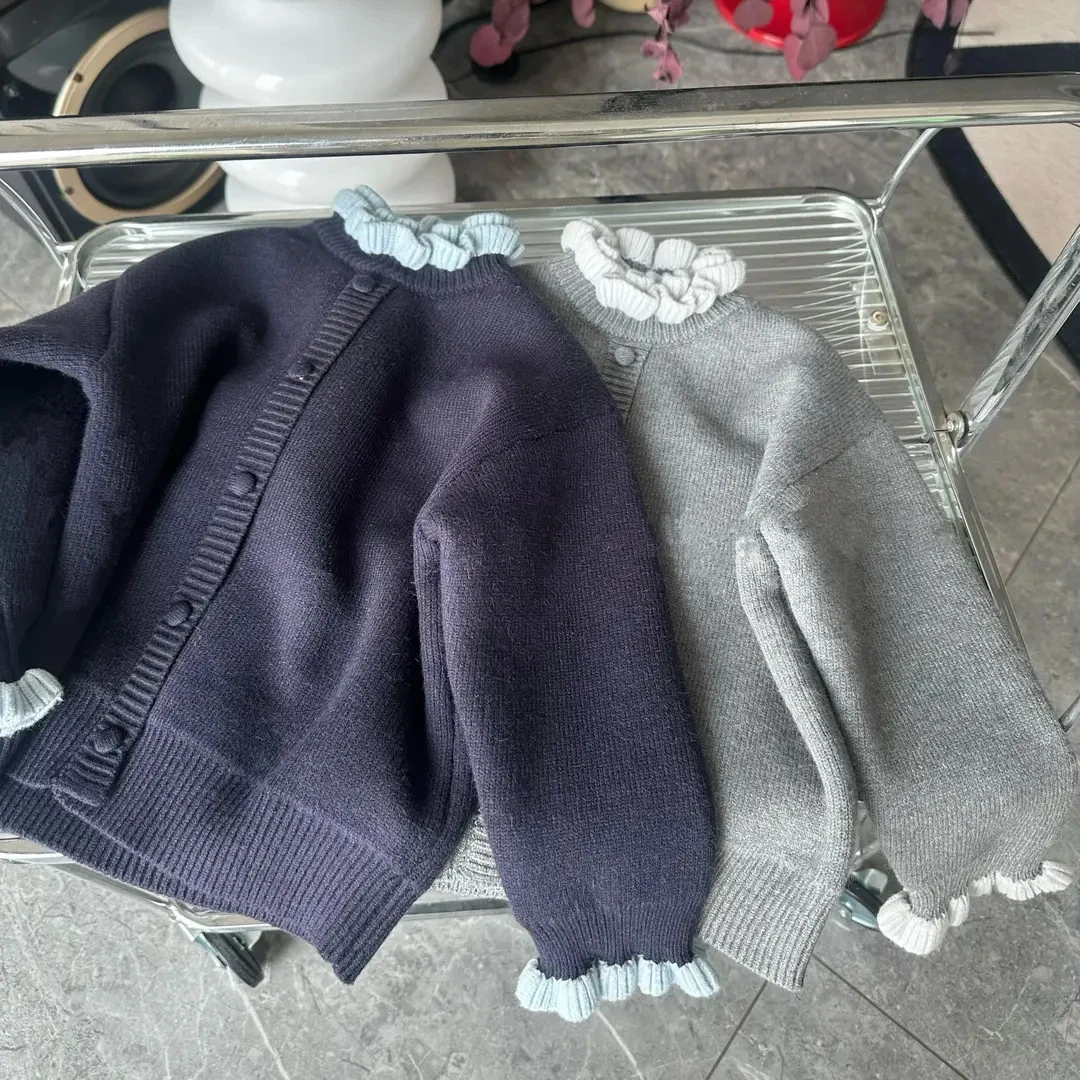 儿童一体绒加厚针织毛衣女童秋冬2026新款韩气花边简约宝宝上衣