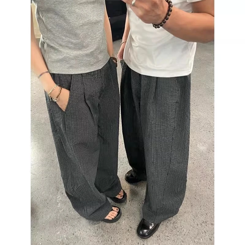 黑色格纹TR混纺薄款褶皱休闲裤男女夏A字版型老钱风情侣阔腿裤子