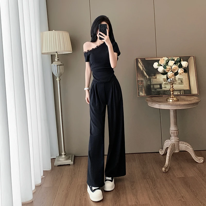 纯欲慵懒风套装女夏季新款洋气时髦收腰斜领短袖阔腿裤两件套