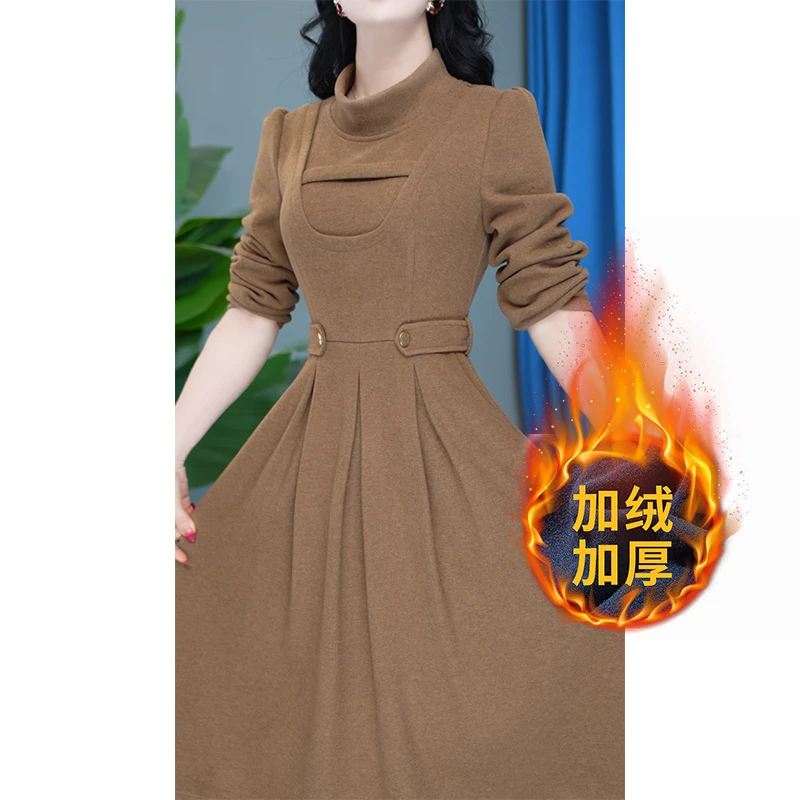 长袖气质显瘦中长款时尚洋气冬季收腰修身连衣裙