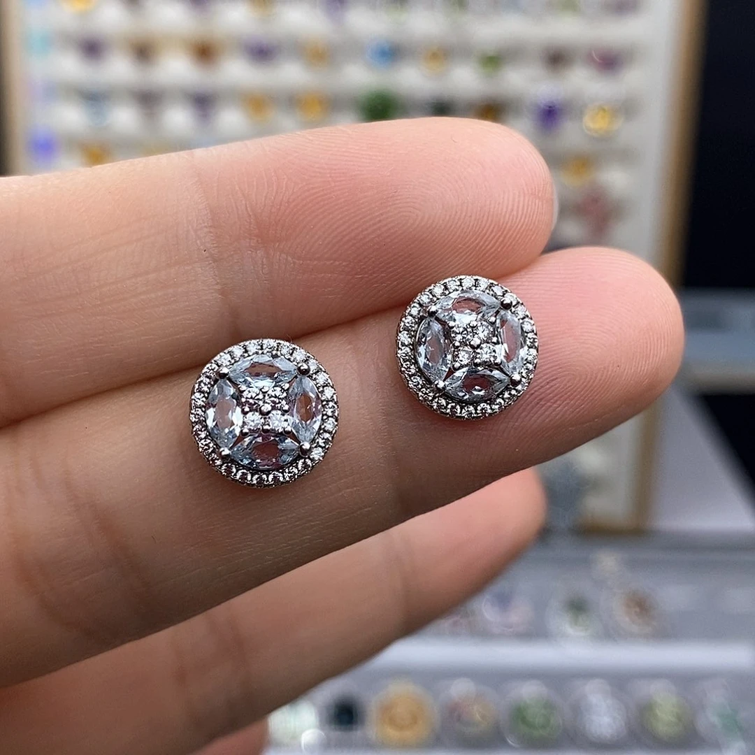 银S925镶嵌耳钉海蓝宝石不含证书