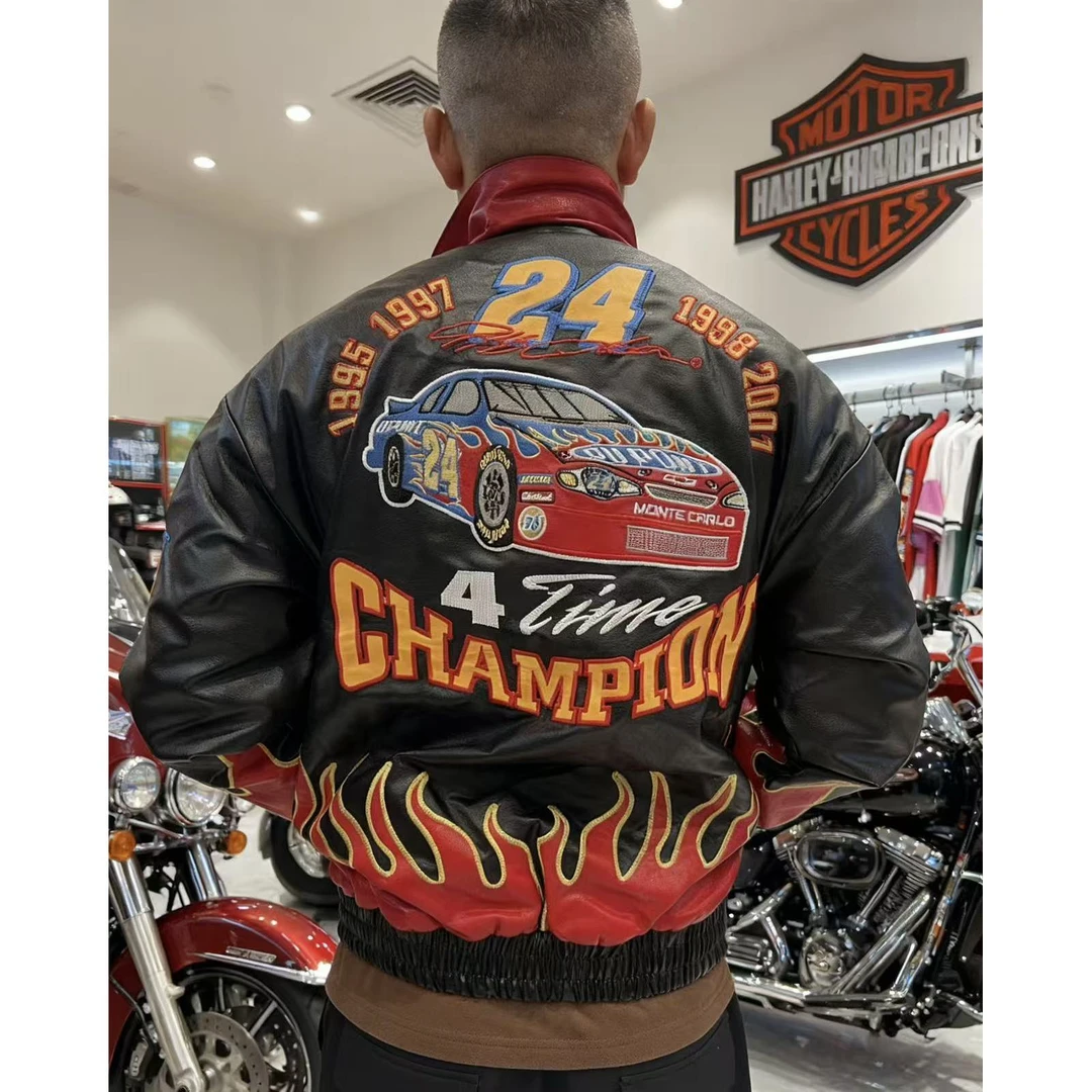 重磅刺绣宽松型皮衣秋冬重工潮流春季红色秋季棒球领皮夹克