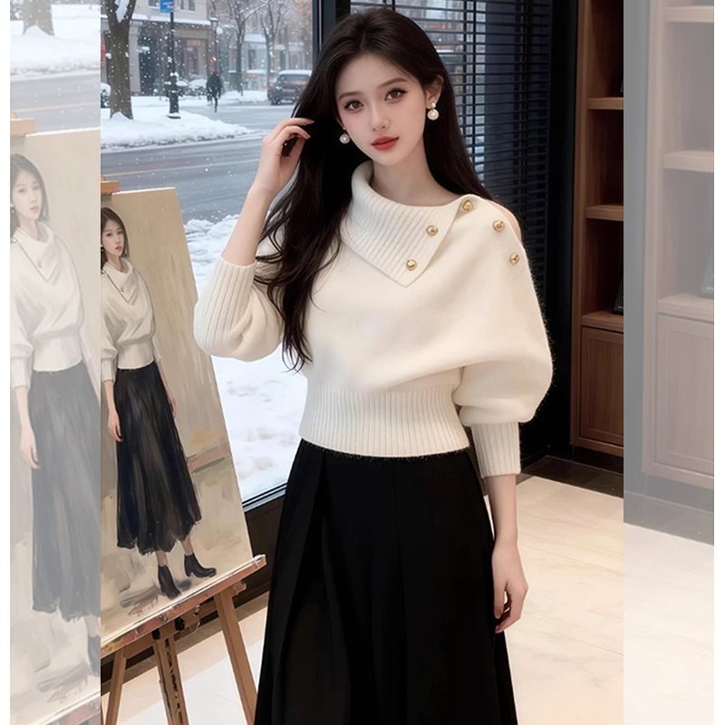 白色针织衫女款爆款2025新款时尚洋气百搭女装韩系秋冬装毛衣上衣