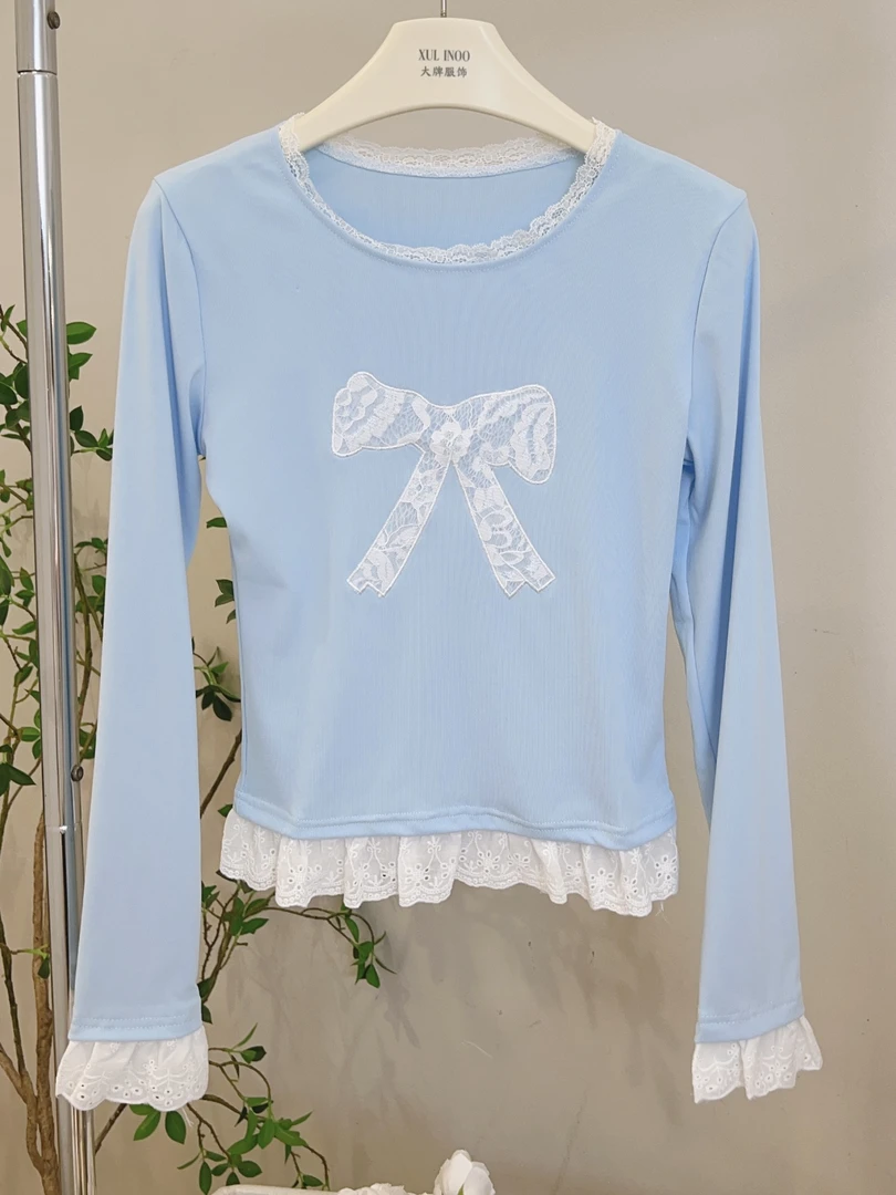 琳心丨早秋新款蓝色设计感法式蕾丝拼接印花打底衫 2955