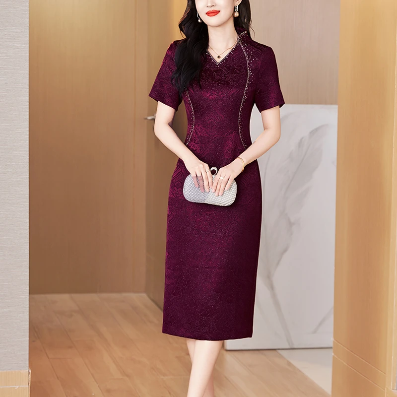 高贵洋气醋酸礼服裙夏季中式妈妈旗袍新款喜婆婆婚宴装包臀连衣裙