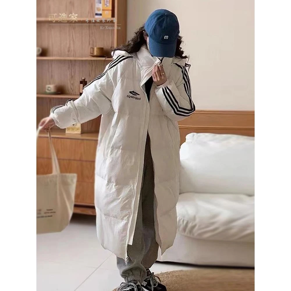 黑色连帽棉服女冬季韩版宽松三条杠白色中长款过膝加厚棉服潮