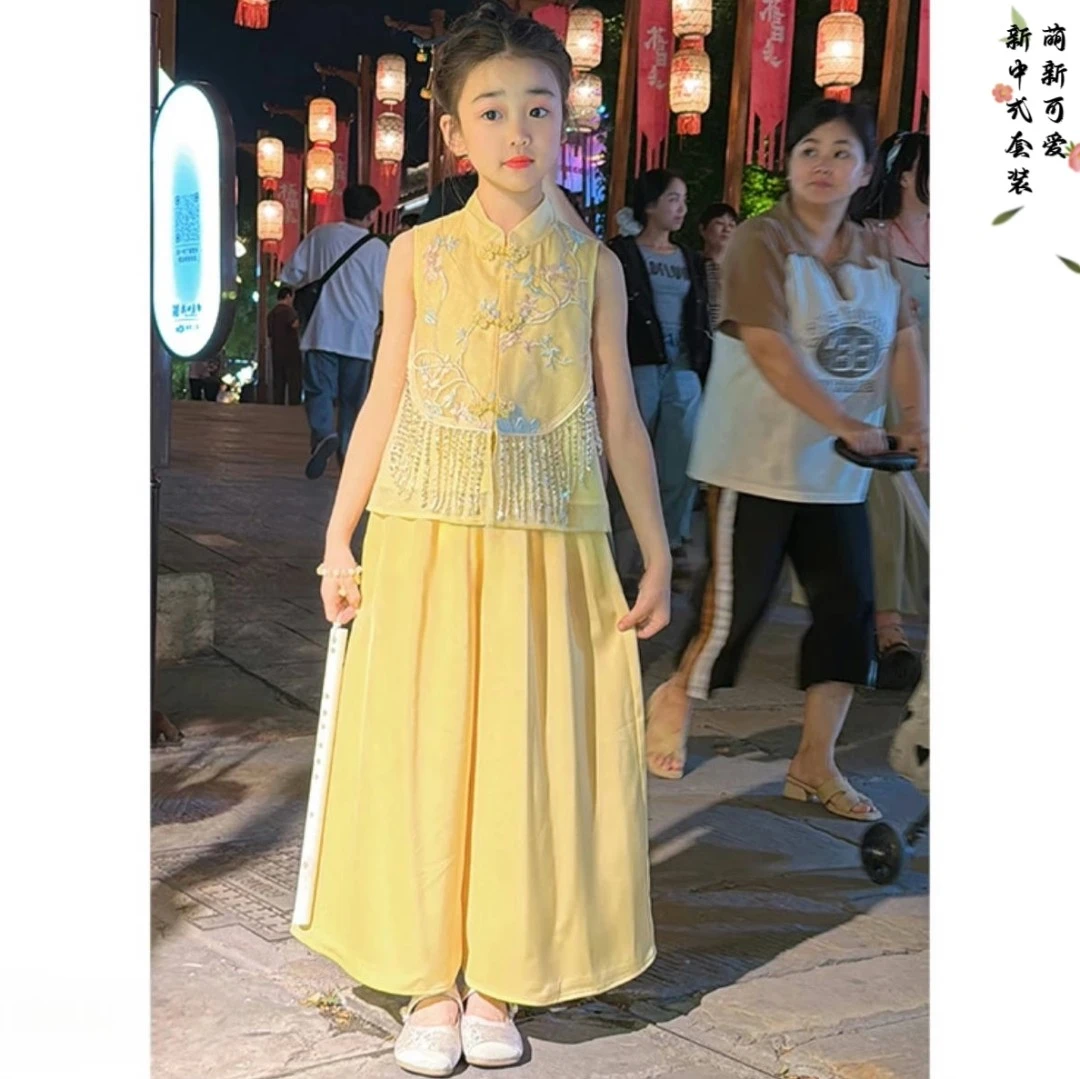 女童国风无袖套装夏季2025新款新中式绣花流苏上衣超薄九分阔腿裤
