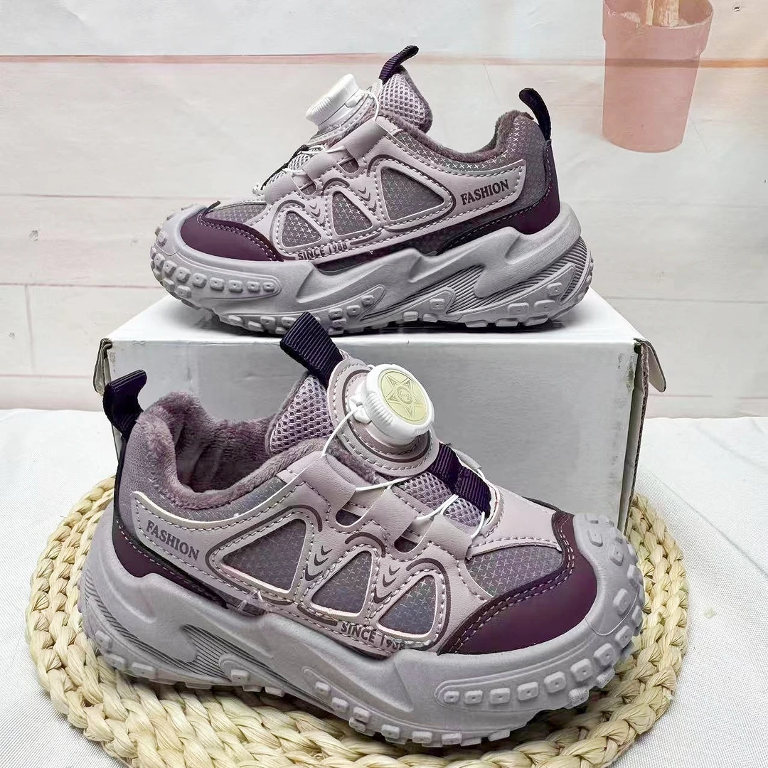 儿童运动鞋2025秋冬新款女童加绒保暖休闲鞋软底男童旋转扣老爹鞋