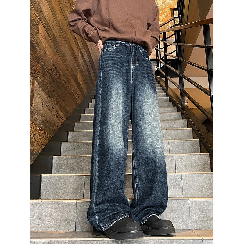 春季潮流男士新款水洗复古痞帅宽松百搭高街日常拖地休闲牛仔长裤