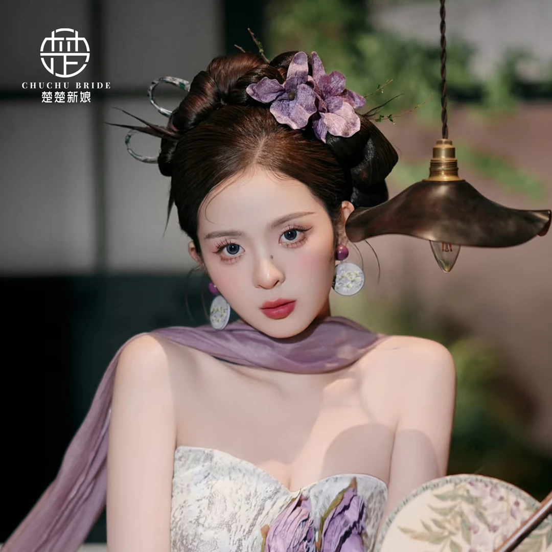 新中式新娘晨袍礼服发饰超仙香芋紫蝴蝶兰花簪花仿真花朵发钗头饰