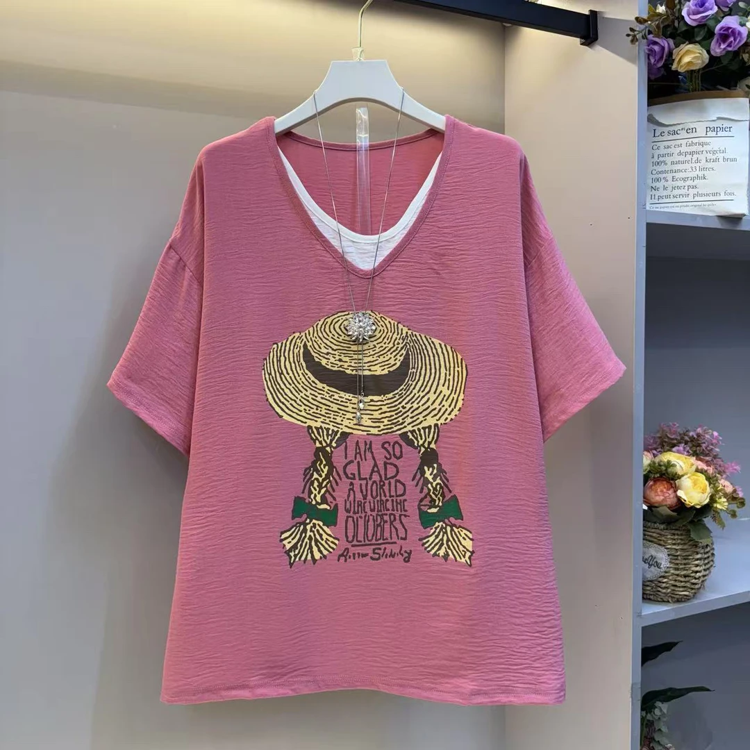 2025年夏季新款遮肉显瘦气质百搭时尚假两件印图女人衫