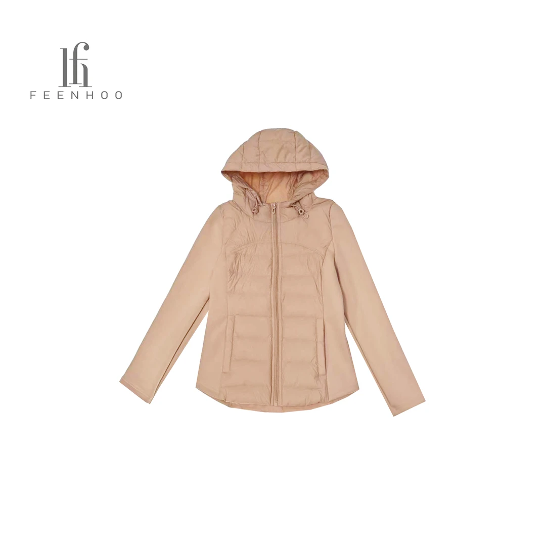 粉和排骨款保暖连帽拼接薄款羽绒服57YU6019