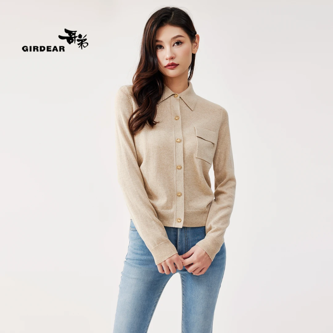 GIRDEAR/哥弟100%山羊绒春秋通勤纯色翻领针织衫开衫外套1499186