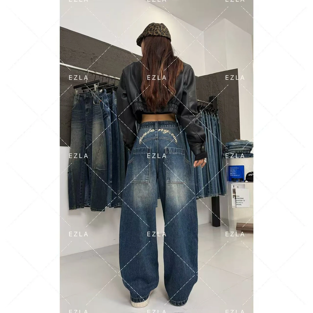 EZ8620新款2025阔腿裤弯刀裤小个子显瘦显高显腿长氛围感牛仔裤子