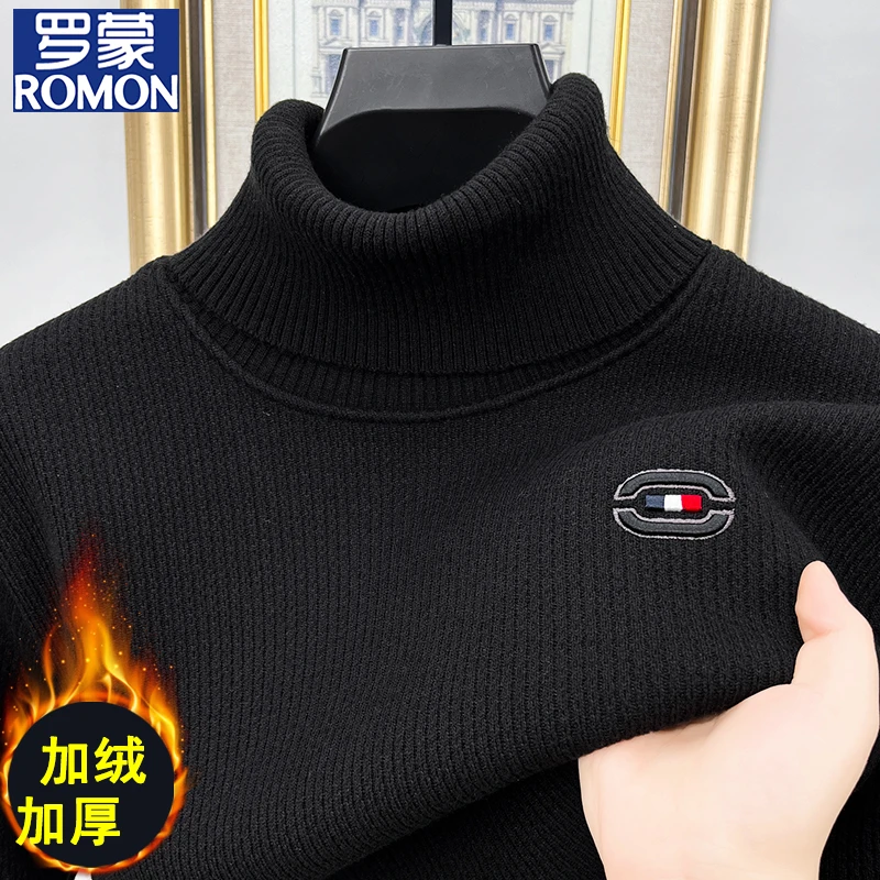 罗蒙可翻高领毛衣男款冬季2024新款毛衫加绒加厚针织衫保暖打底衫