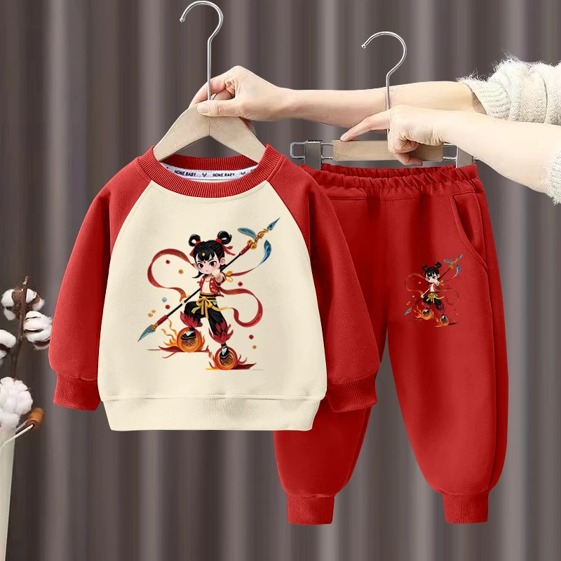 儿童哪吒卡通衣服春秋季男童国潮卫衣两件套女童魔童闹海动漫套装